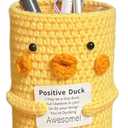 Positive Crochet Duck Pen Holder, Handmade Emotional Support Ducks Crochet Pen Makeup Brushes Holder with Positive Card Desktop Decor-16-positive duck
