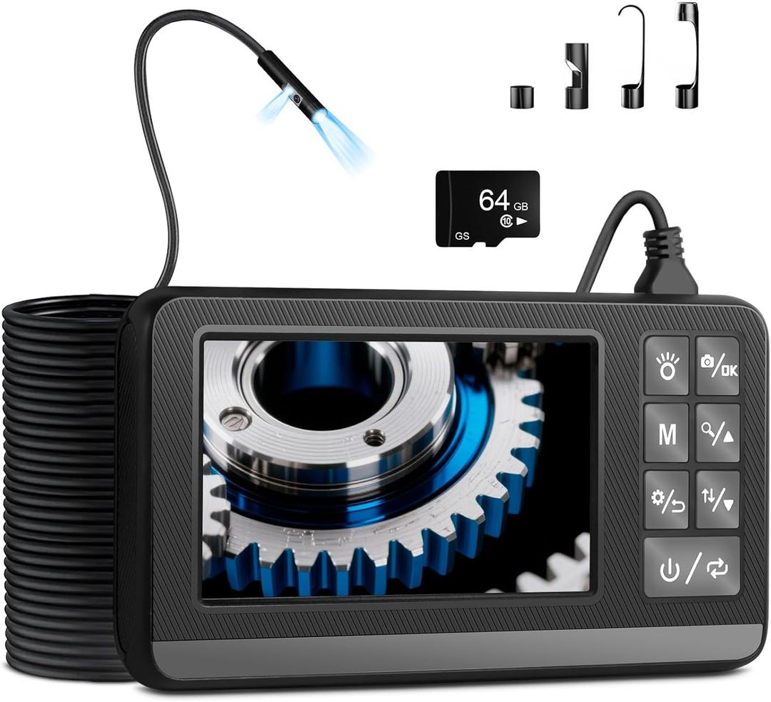 Dual Lens Industrial Endoscope with 4.3 IPS Screen, 1080P Borescope Camera, 32.8FT Detachable & Waterproof Cable with 64GB Card, 8 LED Lights for Sewer/Drain/Auto