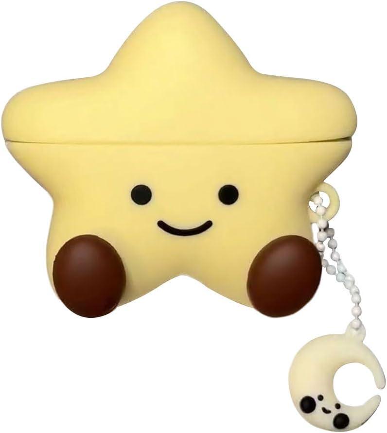Earphone Case for AirPods 4, Happy Smiling Sitting Yellow Star Soft TPU Silicone Case, Good Mood Good Luck Yellow Star AirPods 4 Cover Protective Skin Shockproof Protector for Earbud+Moon Hook