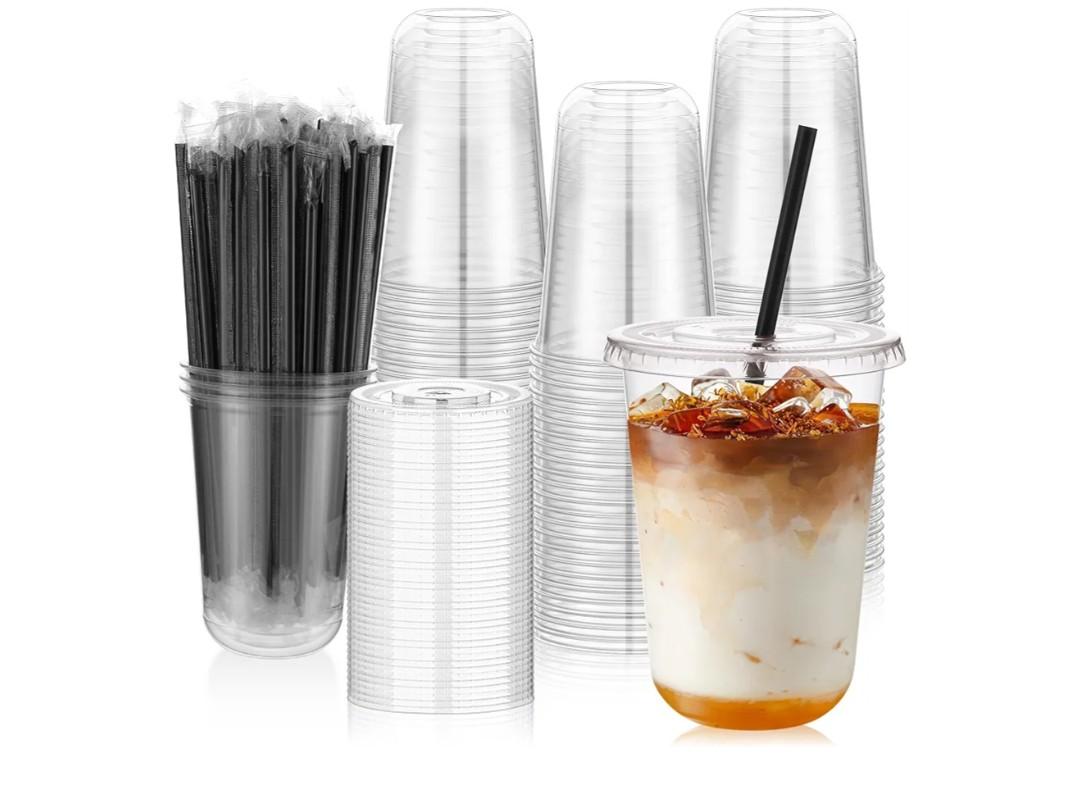 100 Set 16oz Plastic Cups with Lids and Straws, Disposable Clear Iced Coffee Cup with Lid, Round Bottom Plastic To Go Cups for Cold Drinks Slushie Smoothie Lemonade Matcha Party Shop Supplies