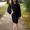 Girls Dress Kids Mesh Long Sleeve Dresses Self Belted Elegant Bodyco, 9-10 Years, Black