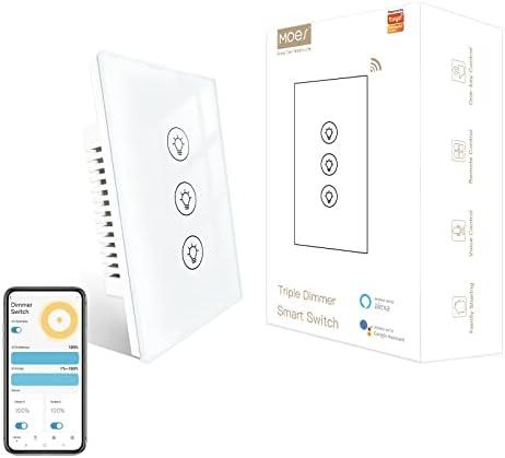 MOES Triple Dimmer Switch for LED Lights, Full Range Dimming, WiFi Smart Light Switch Neutral Wire Required, Single Pole, 300W INC, 75W LED/CFL, Smart Life/Tuya APP Remote Control