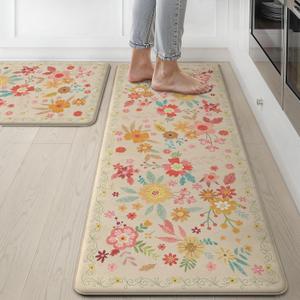 GENIMO Kitchen Mats for Floor 2PCS, Cushioned Kitchen Rugs Non Slip Washable, Farmhouse Anti Fatigue Mat Waterproof, Comfort Standing Mat Rug for Office, Home, Laundry, 17.3"x47"+17.3"x30", Beige