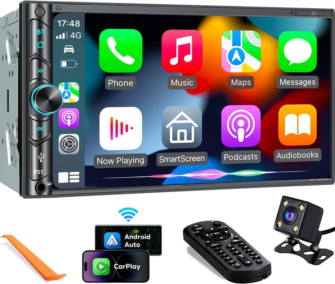 Upgrade Wireless Double Din Car Stereo with Carplay, Android Auto, Bluetooth, 4-Channel RCA, High Power, 2 Subwoofer Ports, 7" HD Capacitive Touchscreen Car Radio, Backup Camera, Audio Receiver (Black Wireless Car Stereo)