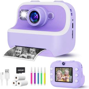 Instant Print Camera for Kids, Christmas Birthday Gifts for Girls Boys, Kids Camera Instant Print with Dual Camera 1080P Digital Camera Toys for 4 5 6 7 8 9 10 Year Old Girl with 32GB SD Card-Purple