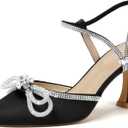 Susanny Women's Closed Toe Rhinstone Wedding Low Heel Slingback Clear Kitten Heels,Adjustable Strap Pointed Toe Bow Pumps High Heeled Prom Dress Shoes (6)
