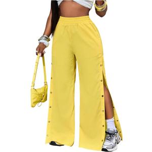 Verdusa Women's Button Down Slit Wide Leg Pants Streetwear Loose Trousers with Pockets (Yellow)
