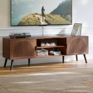ChooChoo TV Stand for 65 Inch TV, Mid Century Modern TV Stand, Entertainment Center with Storage Cabinet and Open Shelves, TV Console Table Media Cabinet for Living Room, and Bedroom, Walnut, 15.7"d X 59.1"w X 19.4"h