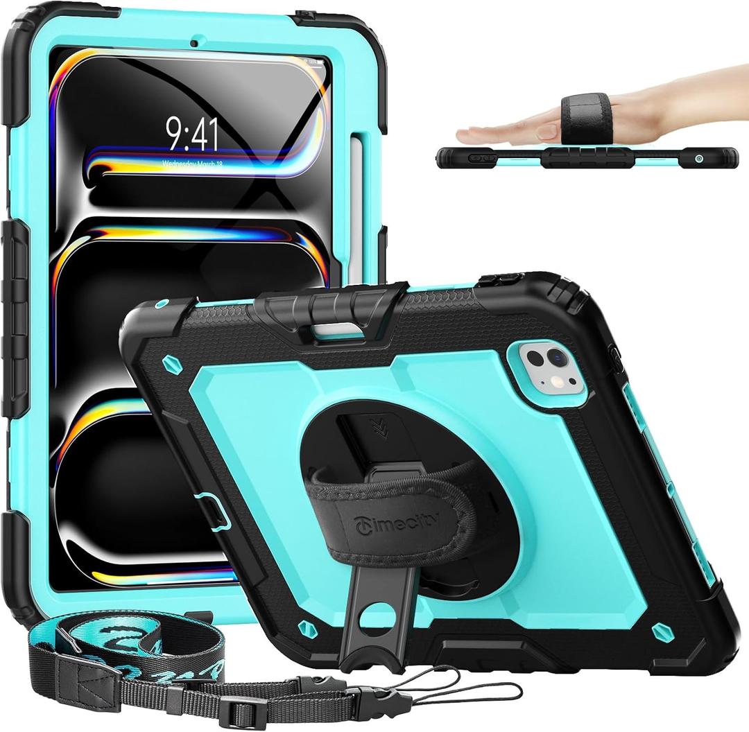 timecity for iPad Pro 11 Inch M5 2025 / M4 2024, 360 Rotating Stand, Pencil Holder & Wireless Charging, Shockproof with Screen Protector & Shoulder Strap - for Designers & Professionals, Blue (Black+ Light blue)