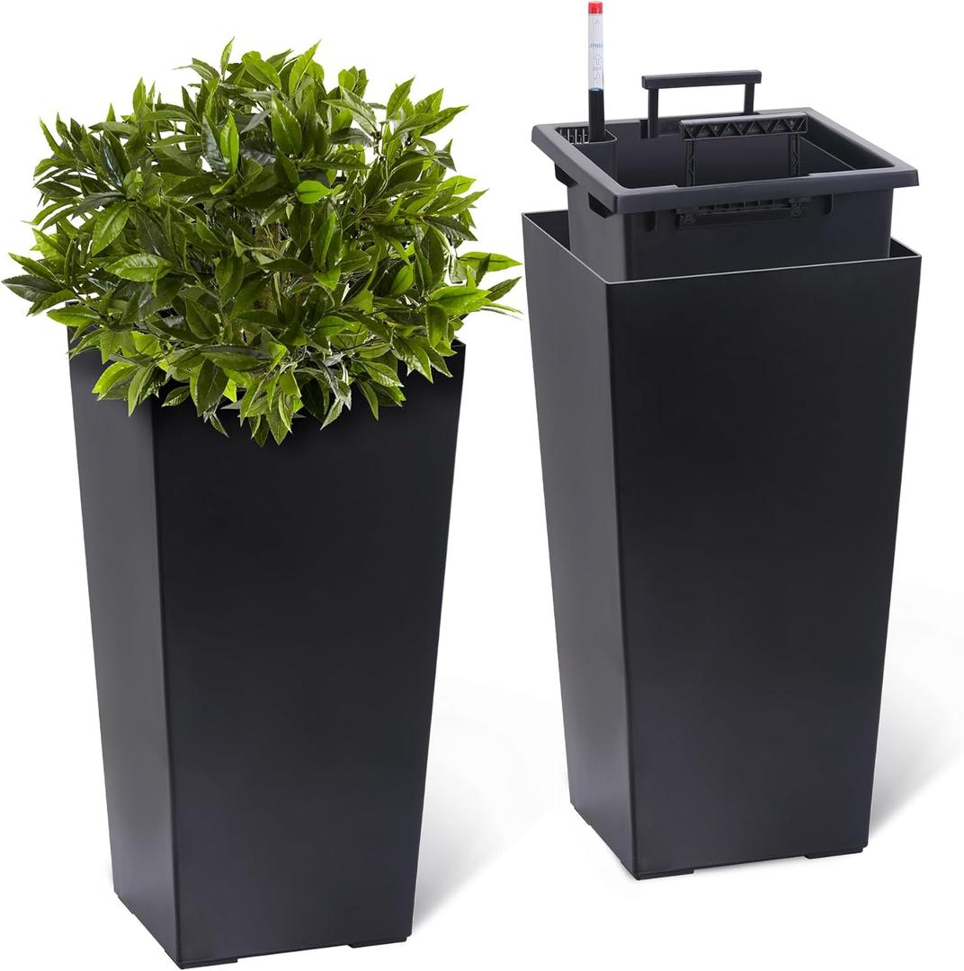 GarveeLife 22.5 in Tall Planters Set of 2, OutdoorIndoor Black Planter Pots, High Front Porch Planter Pots with Drainage HolesWater Level MonitorInner Bucket, Automatic Watering, Black