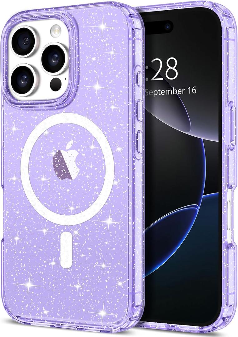 Hython for iPhone 16 Pro Max Case Glitter, Clear Glitter Sparkly Shiny Bling Sparkle Cute Cover, Anti-Scratch Soft TPU Slim Fit Shockproof Protective Phone Cases for Women Girls, Magnetic Purple