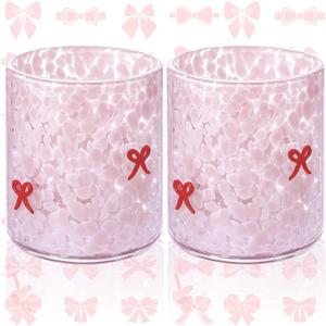 2 Pcs Pink Bow Icon Juice Glass 14 oz Bow Reusable Stemless Icon Drinking Glasses Cups for Birthday Wedding Party Supplies Gift, Large (EXP 05/16/29)