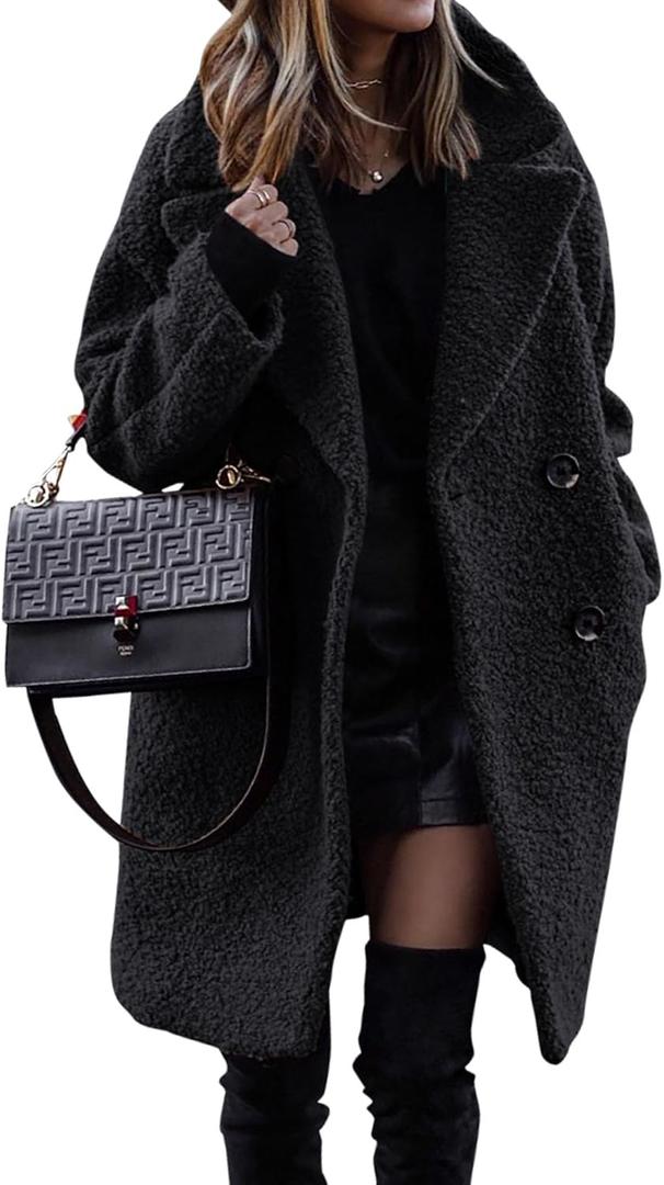 BTFBM Women 2025 Winter Faux Fur Coats Lapel Long Sleeve Fuzzy Fleece Outerwear Button Down Sherpa Jackets Fall Outfits (Large, Black)