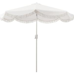 Tempera 9ft Auto Tilt Scalloped Patio Umbrellas with Fringe, Outdoor Table Umbrellas with Fade Resistant Canopy, 8 Sturdy Rids, Luxurious Vintage Umbrellas for Lawn, Pool, Deck, Balcony