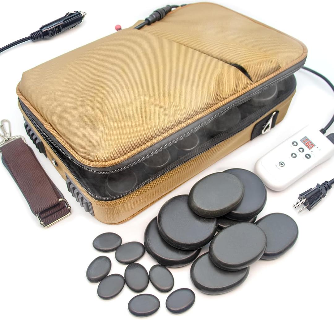 Portable Hot Stones Warmer Set Spa Salon Massage Digital Electric Heater Kit with 16 Basalt Stones