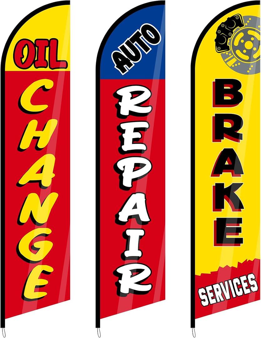 Hahafelt 3 Pack Auto Repair Shop Oil Change Feather Flag Sets, 12 x 2.5 ft Large Brake Services Advertising Windless Flag for Business Mechanics Automotive Car Repair Shops