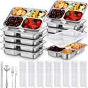 8 Pack Stainless Steel 4 Compartments Snack Bento Snack Boxes with Lids and 8 Sets Portable Stainless Steel Flatware Set Travel Utensil Set Chopsticks Knife Fork Spoon with Case for Home