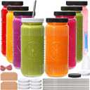 Encheng 16oz Glass Juice Bottles, Reusable Juicing Bottles with Lids and Straws, Vintage Juice Containers Glass Smoothies Jars for Kombucha, Drinking, Water, Iced Coffee, Party, Travel, 8 Pack