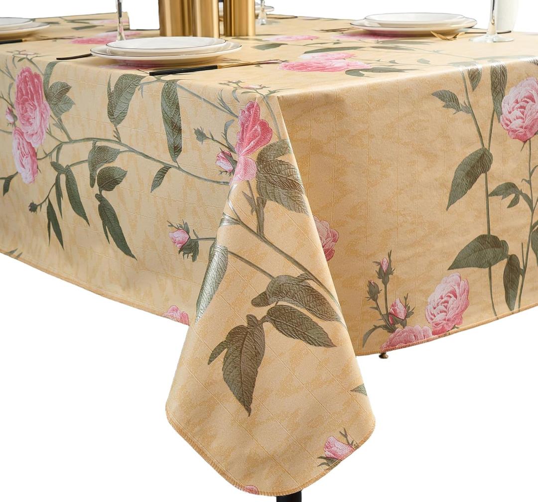Vinyl Tablecloth with Flannel Backing - Waterproof, Oil-Proof, Easy to Clean -Plastic Table Cloth - Perfect for Dining Tables, Kitchen Tables, Parties (Beige Flower, 60102 Inch Rectangular)