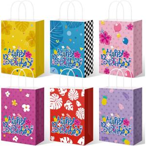 MotiMind 48 Pcs Cartoon Hawaii Birthday Party Favor Bags with Handles Candy Treat Bags Summer Tropical Print Flower Palm Double Printed Patterns Paper Gifts Pouch for Luau Holiday Event Favors