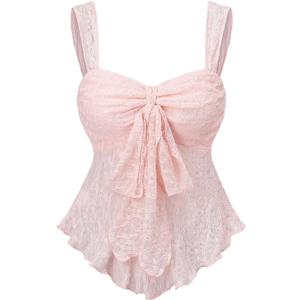 SOLY HUX Women's Cute Babydoll Tops Sleeveless Tie Front Lace Peplum Tank Top Summer Going Out Camisole Top (Plain Pink, S)