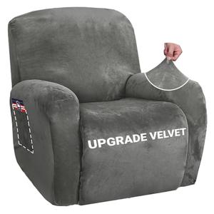 ZNSAYOTX Stretch Velvet Recliner Cover 4-Pieces, Thick Soft Recliner Chair Slipcover with Pocket, Non-Slip Elastic Bottom for Kids Pets, Luxury Plush Reclining Protector Comfy Washable (Grey)