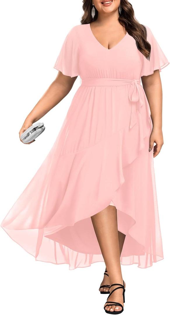 Womens Plus Size Long Dress Chiffon High Low Split Ruffle Evening Bridesmaid Wedding Guest Formal Maxi Dresses (16W, Pink)