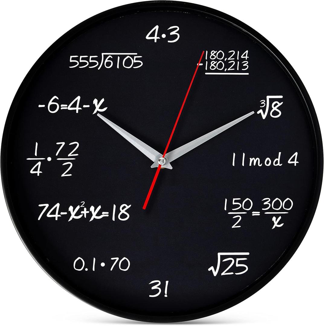 Bernhard Products Math Wall Clock Black 12 Inch Silent Non-Ticking Unique Gift for Teacher/Student/Engineer Graduate Quartz Round Battery Operated, Home Office School Classroom, Mathematical Equations