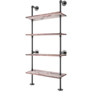 Yuanshikj 4 Tier Industrial Pipe Solid Wood Ladder Shelf/Shevles/Shelving Bookshelf/Bookcase Metal Iron Planks Rustic Wall Mounted for Living Room Decor Storage (4 Tier with 24" Solid Wood)