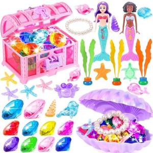 FUNCREVITY Mermaid Toys Diving Toys with Shell Treasure Chests and Storage Bag Swimming Pool Games Summer Water Gift Set for Kids Toddlers Girls Boys