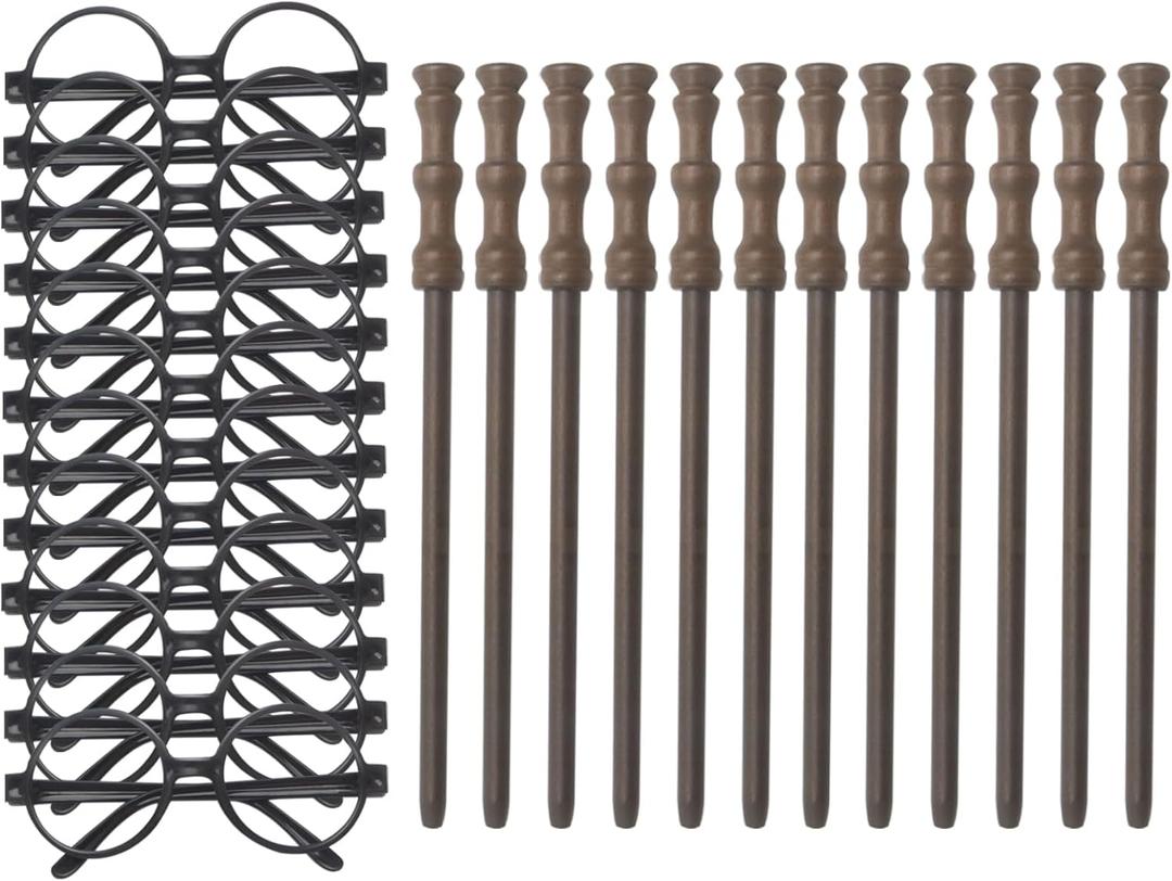 Cosplay Party Supplies Set - Wand Pencil, Black Glasses with Round Frame No Lenses for Birthday Party, Kid Gifts, School Reward,Halloween Decorations 12pcs Each