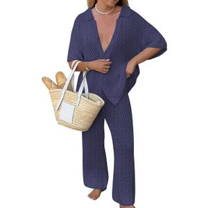 Famulily Womens Sexy Hollow Out Swimsuit Cover Up Sets Button Up Tops and Drawstring Pants 2 Piece Beach Set (Medium, Navy)