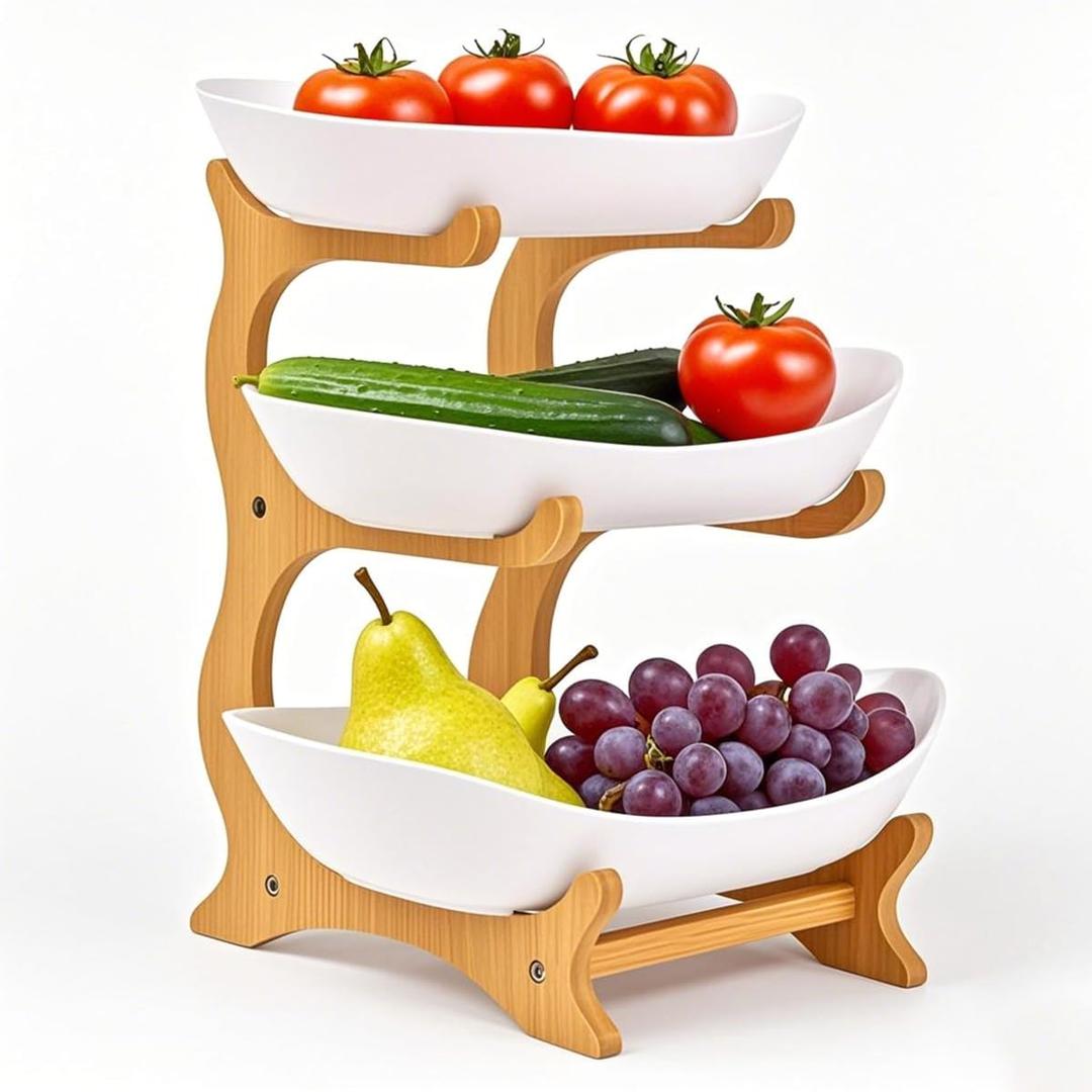 Fruit Bowl With Bamboo Wood Stand, Fruit&Vegetable Candy Dish Decor Basket for Kitchen CounterLarge Capacity Vegetable Storage Stand Snacks Rack Tray Plate Rack