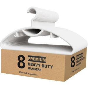 Plastic Clothes Hangers- Heavy Duty Plastic Hangers for Clothes, Coats, Dress, Suits- Non Slip Closet Cloth Hanger with Hook for Scarves, Belts & Ties- Snag Free White Hangers for Shirts (Pack of 8)