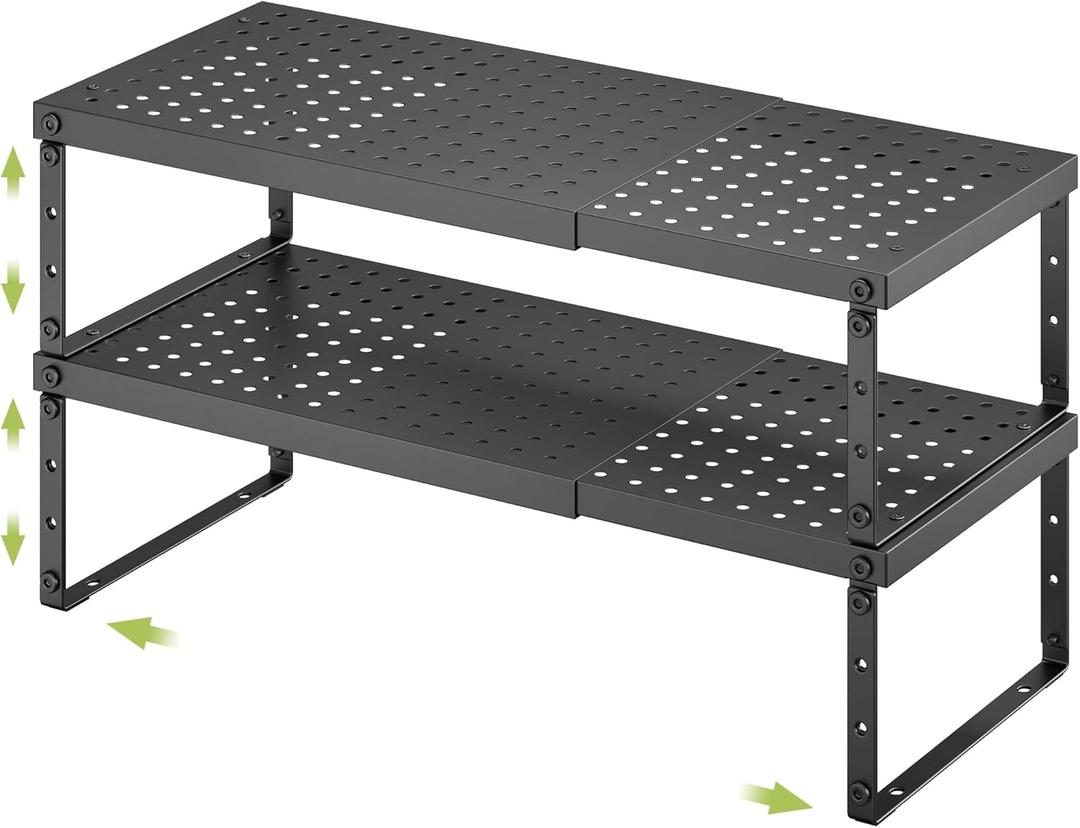 Expandable Cabinet Organizer Shelf With Adjustable Height, Stackable Kitchen Countertop Organizer Rack, Adjustable Shelf Riser For Kitchen Counter, Pantry, Cupboard, Desk, Tabletop (8.27"D*14-22.4"W x 7.5"H, Black-2 Pack)