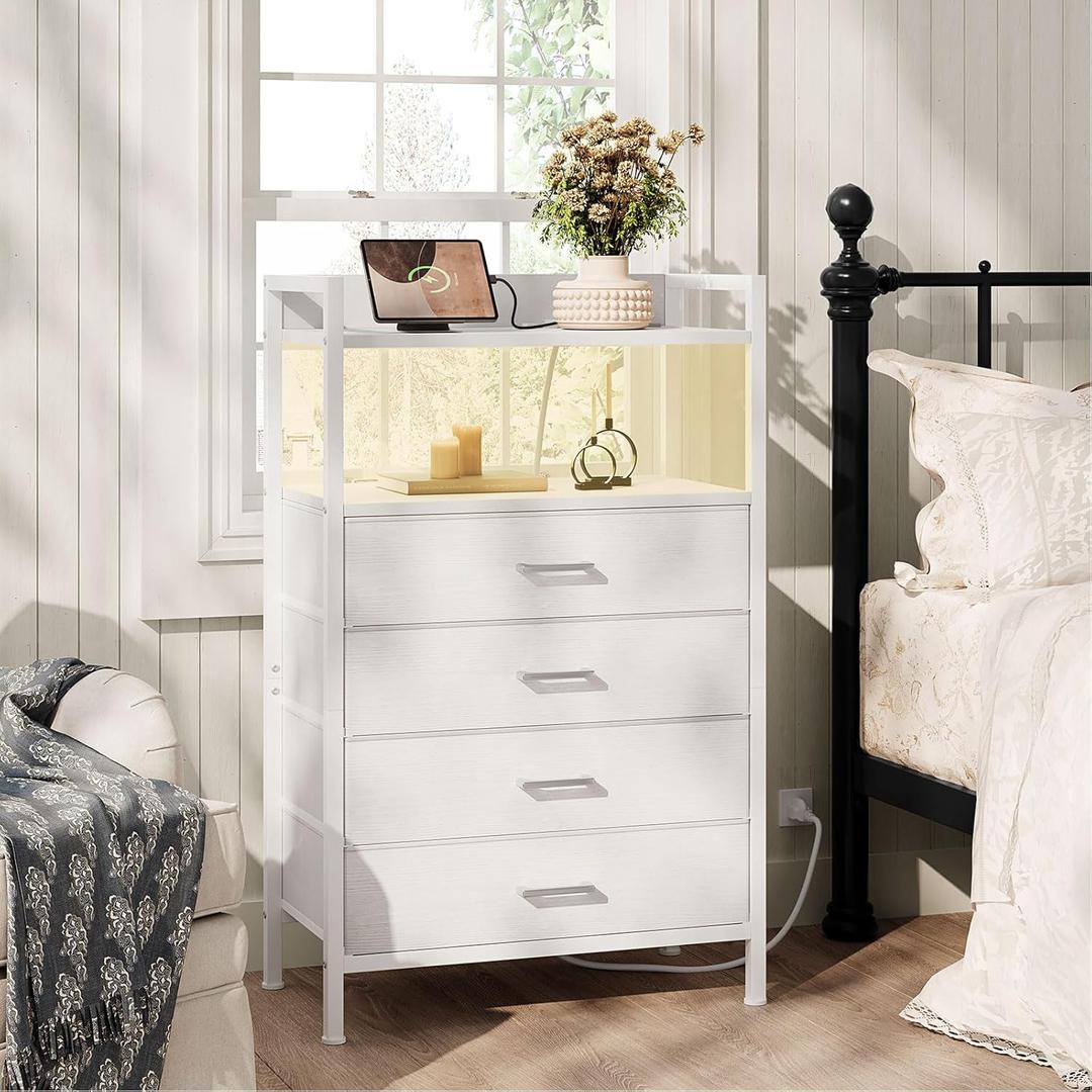 Tall Nightstand with Drawers White Night Stand with Charging Station and LED Light, 4 Drawer Dresser for Girls Bedroom Modern