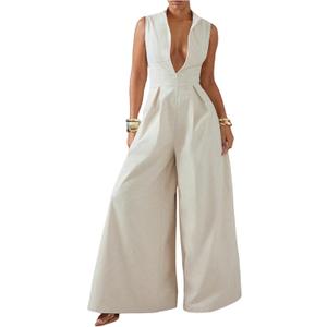 SOLY HUX Women's Zipper Front Wide Leg Jumpsuit Summer Mock Neck Sleeveless Elegant Romper (Large, Plain Apricot)