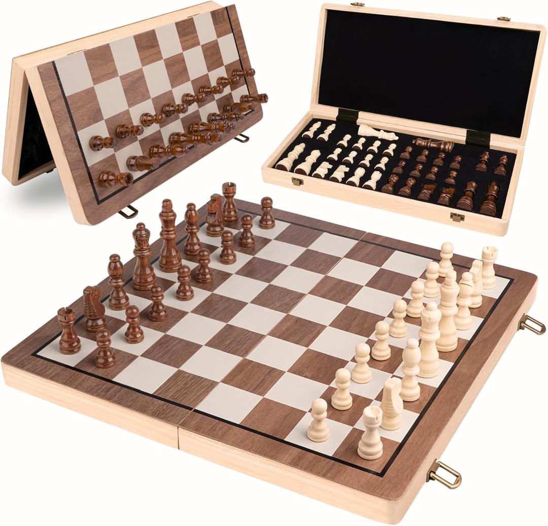 Amazing Pride 15.5" Wooden Chess Set, Magnetic Chess Board for Adults & Kids, Foldable Travel Chess Set with 2 Extra Queen Pieces, Chess Sets for Adults