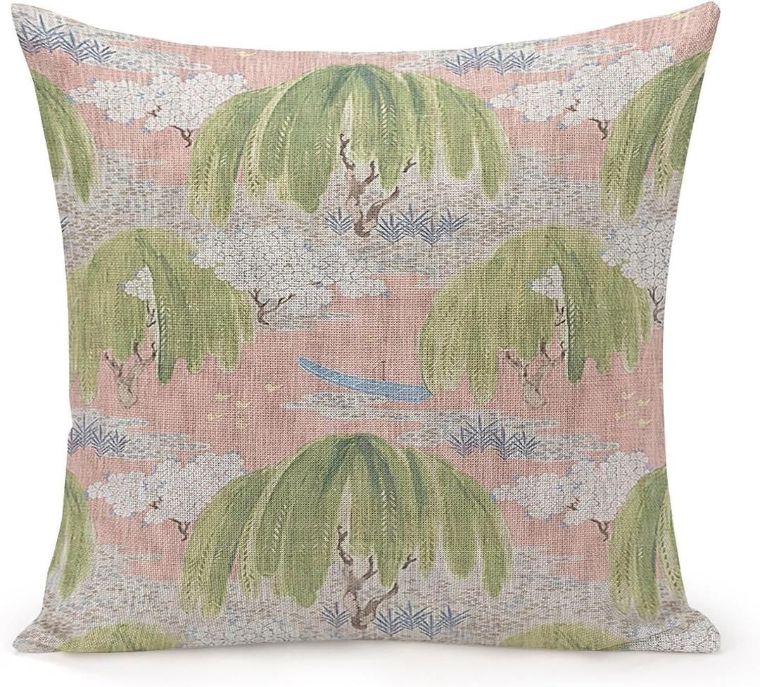 POMOTER Thibaut French Fabric Willow Tree Green Pink Check Throw Pillow Cover,Traditional Checkered Decorative Pillow Cases Cotton Linen Square Cushion Covers for Sofa Couch,20"x20"