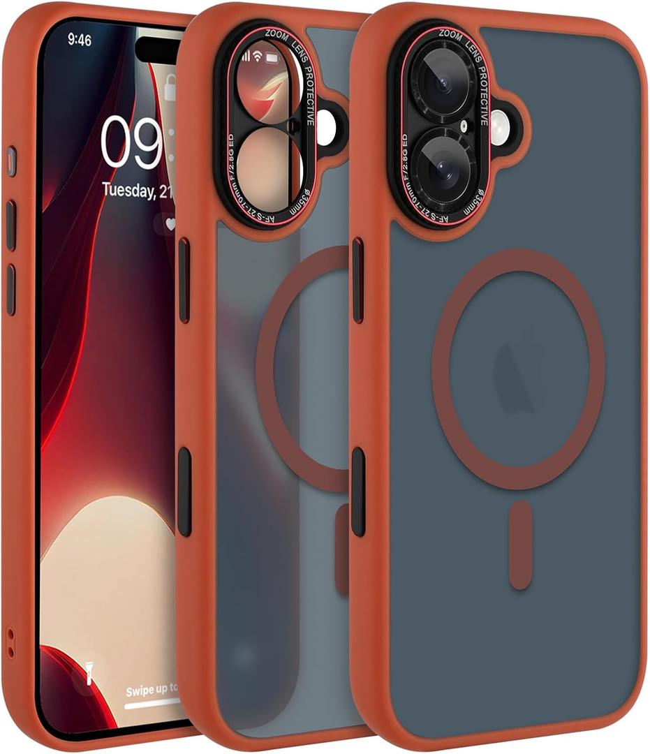 AIGOMARA Magnetic for iPhone 17 Case, [Compatible with Magsafe] [Full Camera Protection] Slim Shockproof Translucent Matte Protective Case for iPhone 17 6.3 Inch, Orange