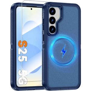 Magnetic Case for Samsung Galaxy S25 with Screen Protector [Compatible with MagSafe Wireless Charging] [Dual Layer Military-Grade Protection] Heavy Duty Rugged Shockproof Protection Cover, Blue