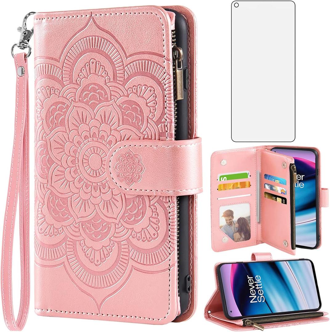 Asuwish Phone Case for OnePlus Nord N20 5G Wallet Cover with Tempered Glass Screen Protector and Flip Credit Card Holder Cell Accessories One Plus N 20 G5 1 Plus 20N 1plus One+ 1+ N205G Men Rose Gold