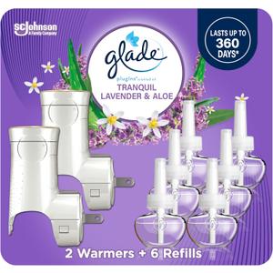 Glade PlugIns Refills Air Freshener Starter Kit, Scented and Essential Oils for Home and Bathroom, Tranquil Lavender & Aloe, 4.02 Fl Oz, 2 Warmers + 6 Refills
