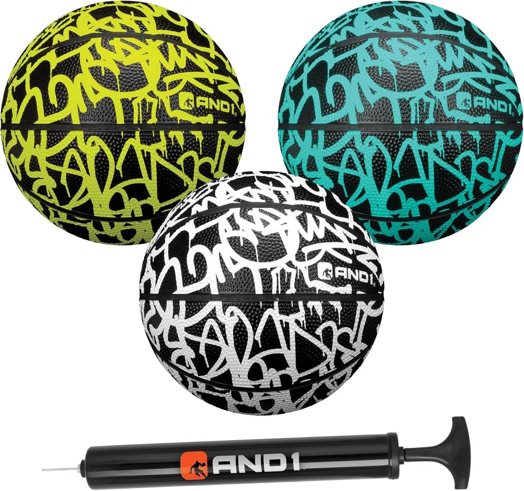 AND1 Mini Basketball 3 Pack Set for Kids (Deflated w/Pump Included): - Size 3 7-Inch Premium Youth Size Basketballs, Easy to Grip (Graffiti)