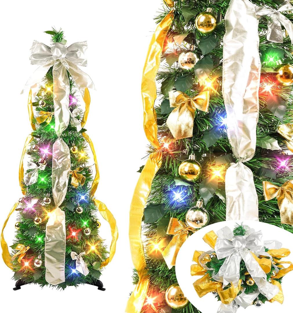 N&T NIETING Pop Up Christmas Tree Decorations Artificial Collapsible Tree with Lights 8Modes&Timer Predecorated Pencil Tinsel Tree for Home Apartment Office Indoor Outdoor Party Xmas Dcor, 3FT, Green