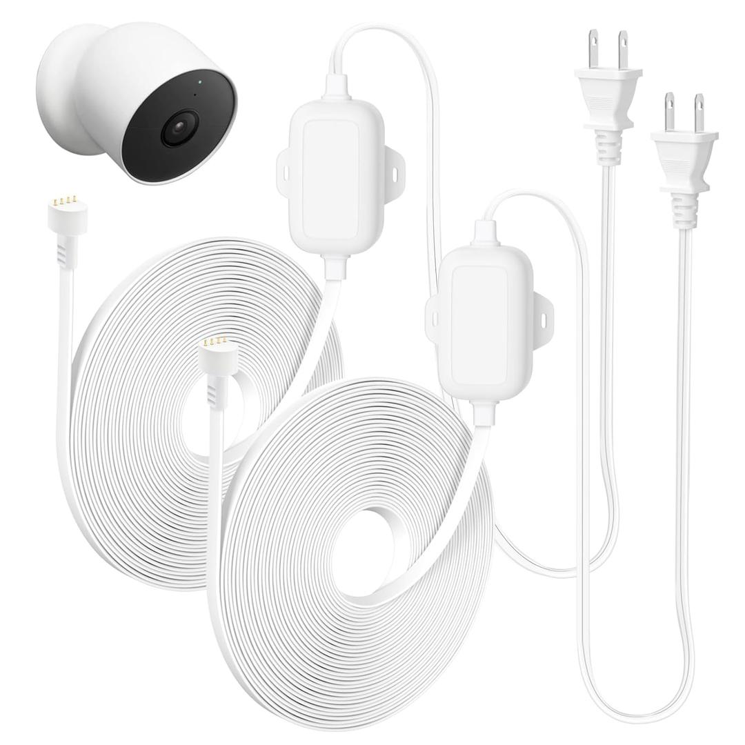 2Pack 30ft/9.1m Power Cord for Google Nest Cam Outdoor or Indoor, Battery - 2nd, Weatherproof 5V 2A Flat Charging Cable Power Connector for Nest Cam Continuously with One-Piece Molding Adapter
