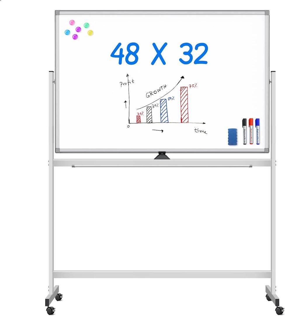 Maxtek Rolling White Board on Wheels 48x32 inch Double Side Magnetic Dry Erase Board with Stand, Aluminum Frame Easel Mobile Standing Whiteboard for Office, Classroom & Home (Silver Frame)