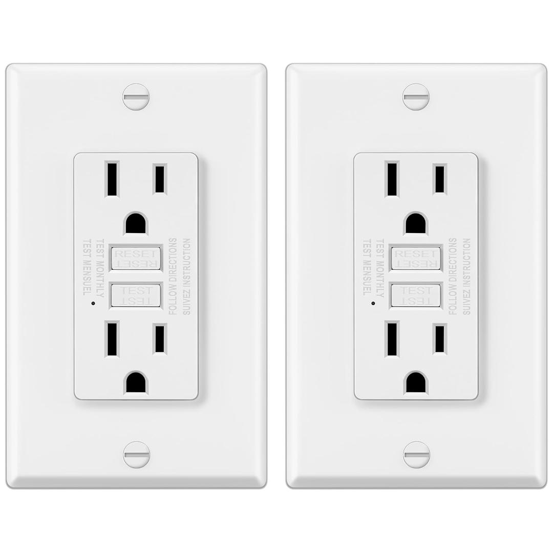 ELECTECK 2 Pack GFCI Outlets 15 Amp, Non-Tamper Resistant, Decor GFI Receptacles with LED Indicator, Ground Fault Circuit Interrupter, Wallplate Included, ETL Listed, White