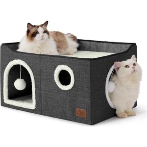 Bedsure Large Cat Beds for Indoor Cats - Extra Wide Cat Cube House for Small Pet with Fluffy Ball Hanging and Scratch Pad, Foldable Pet Cave Hideaway for Multiple Cats, 23.6x16.9x13 inches, Dark Grey