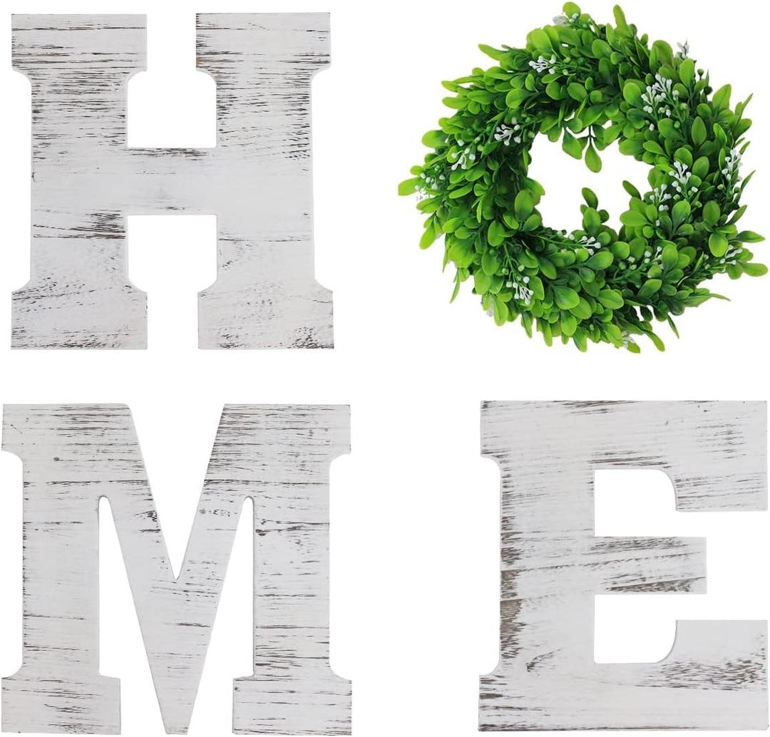 Wooden Home Sign with Wreath, 9.8" Rustic Wood Home Letters H, M, E, Wall Hanging Decor with Artificial Wreath O, Great for Wall Art Living Room Front Door Dining Room, (White)